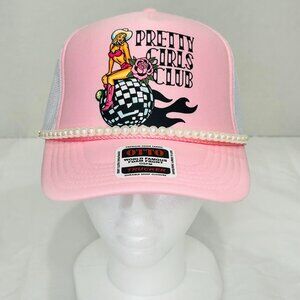 "Pretty Girls Club" OTTO Lady Foam Trucker Hat - Pink & White with Pearl Chain